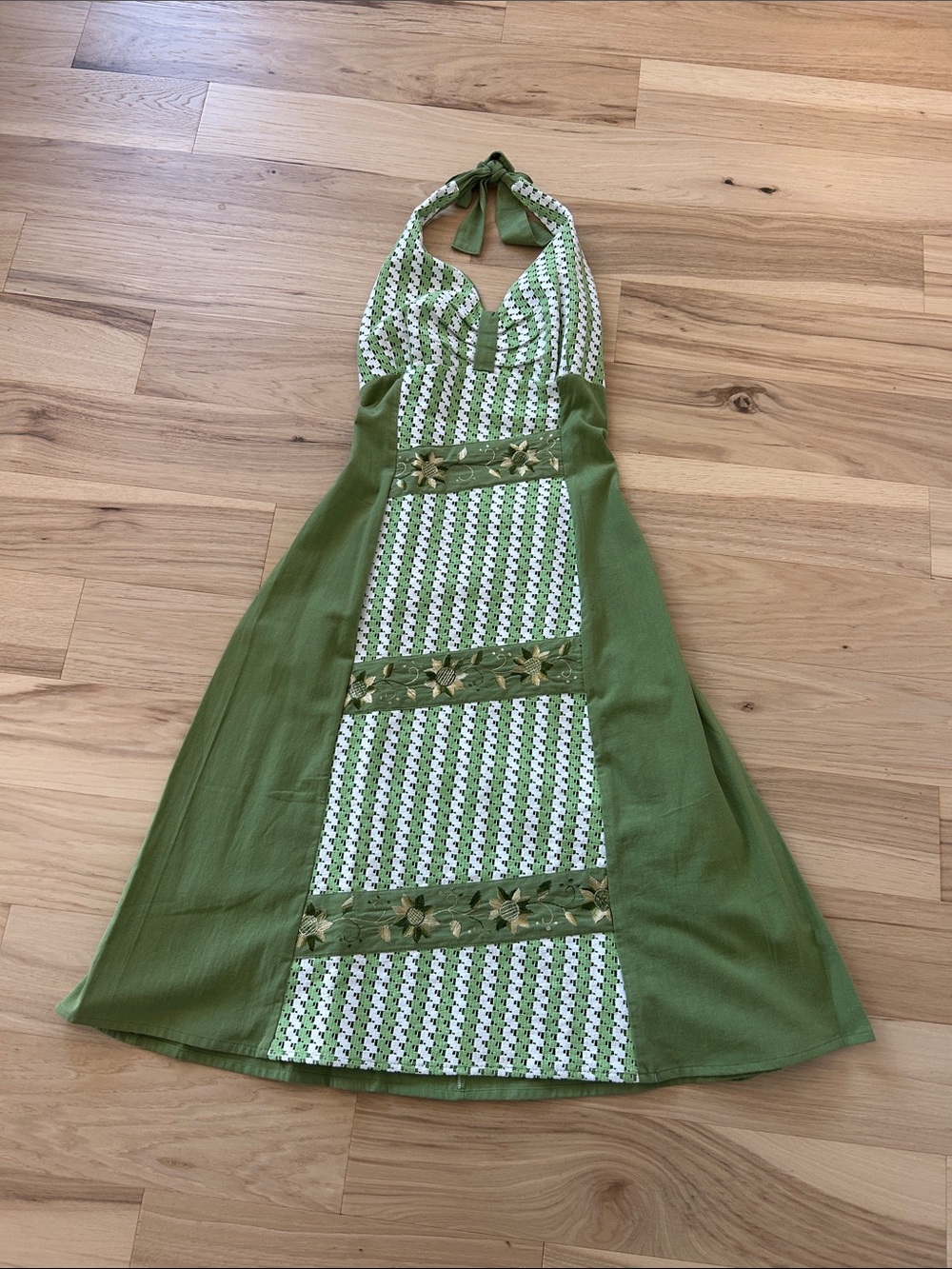 Handmade Cottagecore Halter Dress with Embroidered Sunflower Center Panel